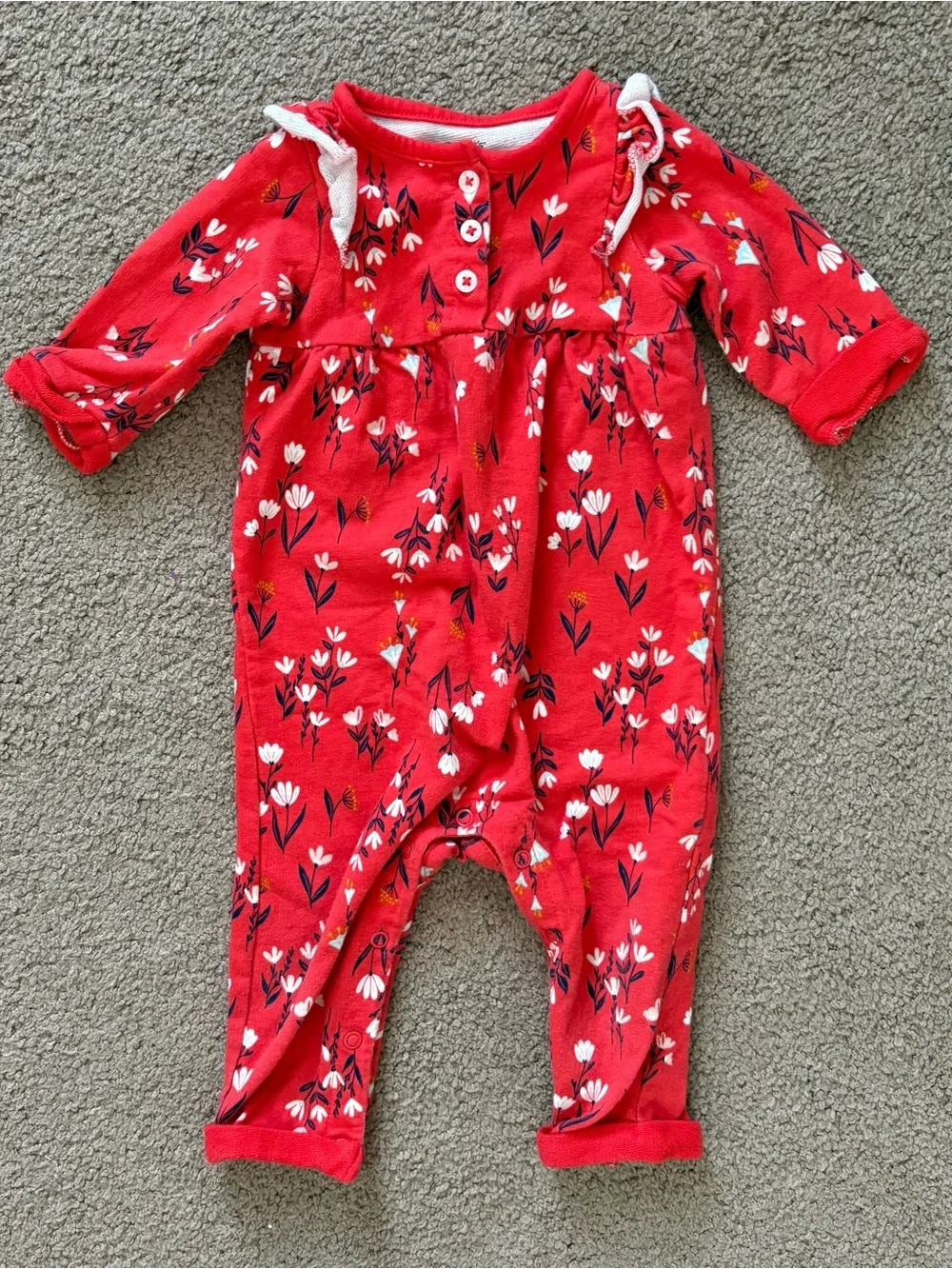 Carter's Red Floral Knit Cotton Romper One-Piece Long Sleeve Button 9M